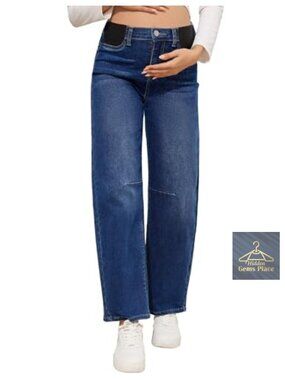Maternity Barrel Jeans Mid-Rise Wide Leg Stretch Denim Pants Adjustable